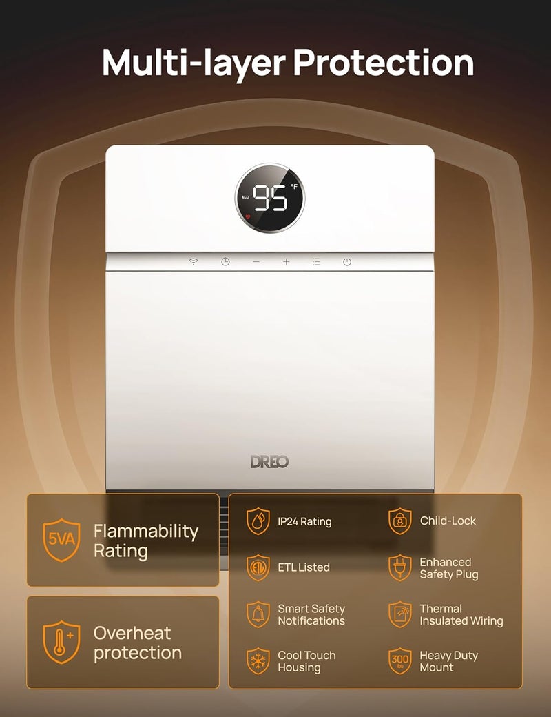 Dreo Smart Wall Heater, IP24 Electric PTC Space Heaters for Indoor Use, 30° Oscillation, Adjustable Thermostat, Remote Control, Works with Alexa, 24H Timer, Easy-mounted for Office, Bedroom, Home - Image 5
